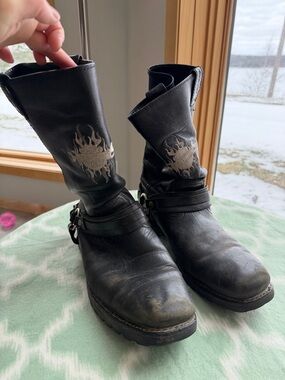 Vintage Harley-Davidson Black Leather motorcycle boots with flame logo men’s 13
